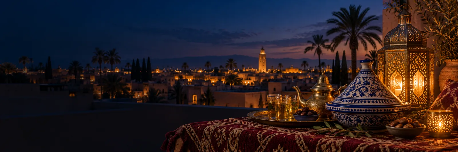 Céramique, thé et lanternes sur une terrasse de Marrakech au crépuscule